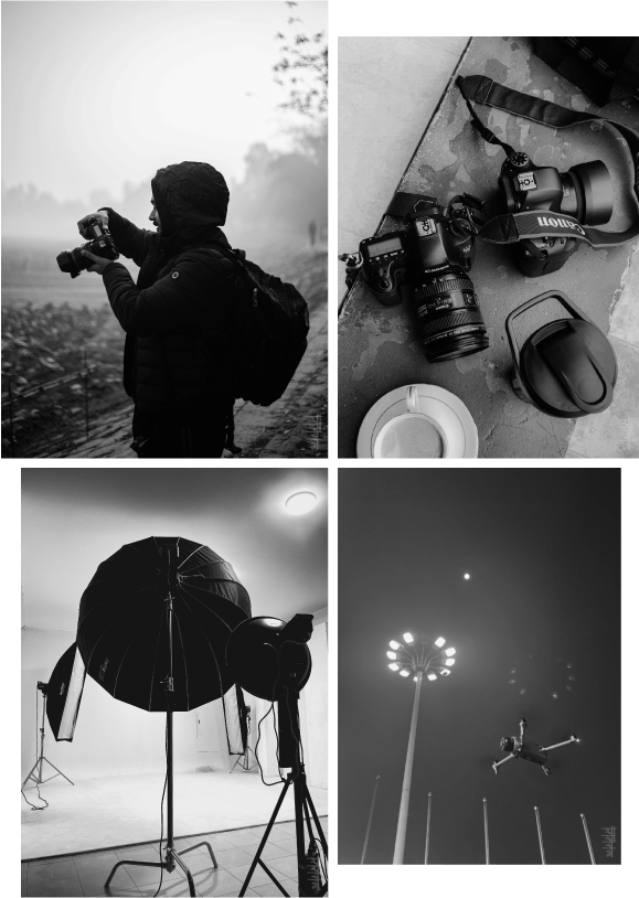 Black-and-white grid of Jajabor photography: a photographer in the field, cameras, studio lights, and a jump under floodlights